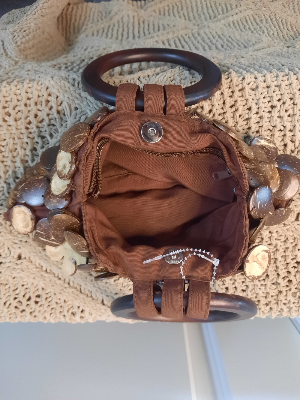 Brown Coconut Bead Handbag with Wooden Handles